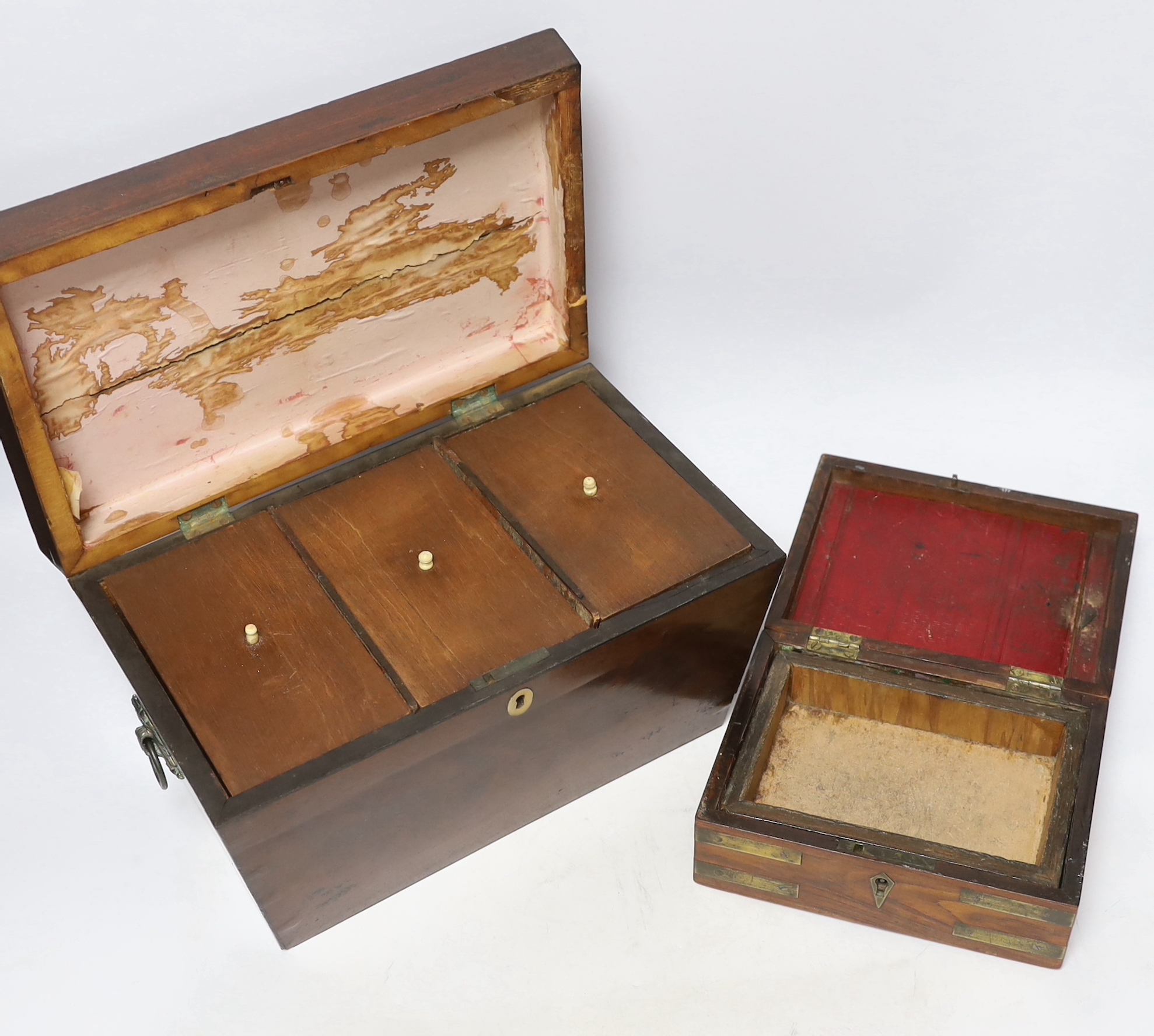 A small 19th century brass mounted padouk box and a Regency mahogany tea caddy, largest 30cm wide x 16.5cm high